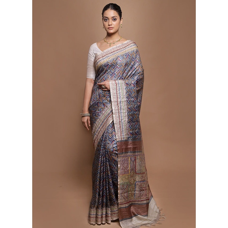 Blue Tussar Silk Saree With Blouse Piece - JD986601997