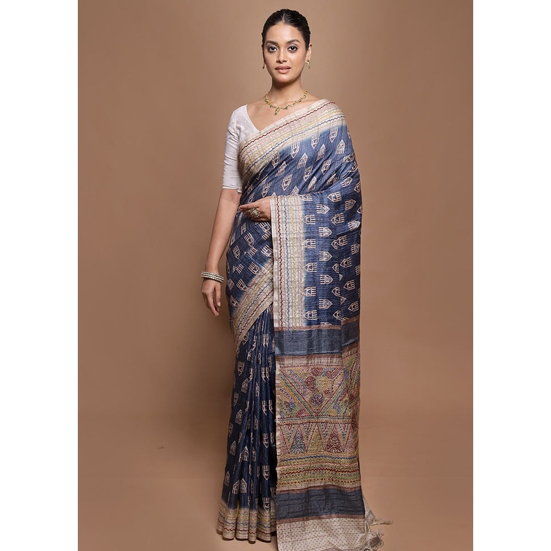Blue Tussar Silk Saree With Blouse Piece - JD986601998