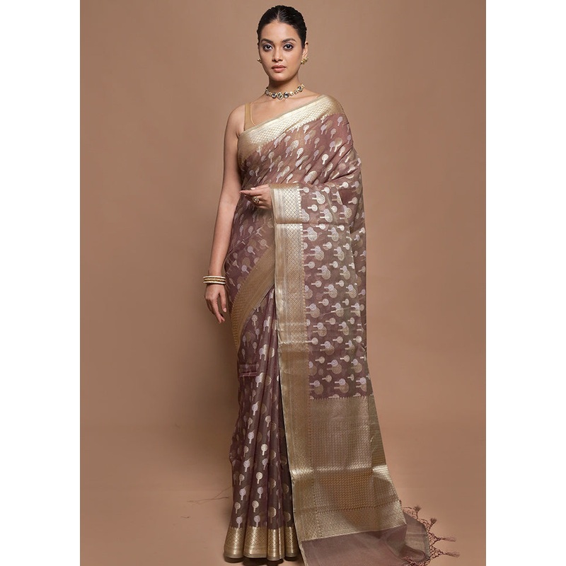 Brown Kora Silk Saree With Blouse Piece - JD986601996