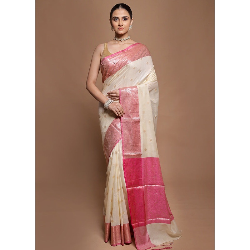 Cream Cotton Saree With Blouse Piece - JD986601995
