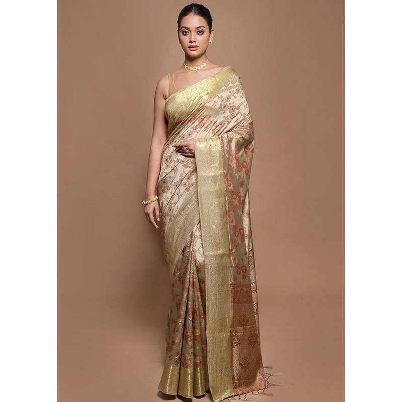 Cream Dupion Silk Saree With Blouse Piece - JD986601994