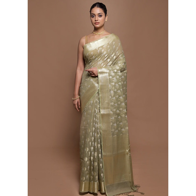 Cream Kora Silk Saree With Blouse Piece - JD986601983