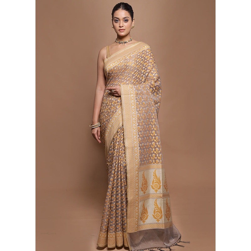 Cream Kora Silk Saree With Blouse Piece - JD986601984