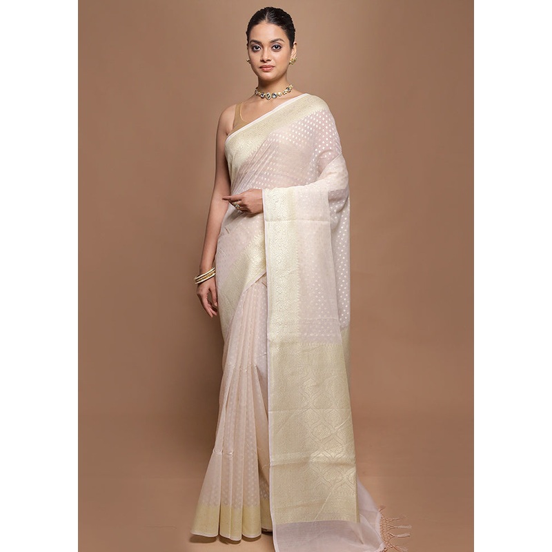 Cream Kora Silk Saree With Blouse Piece - JD986601985