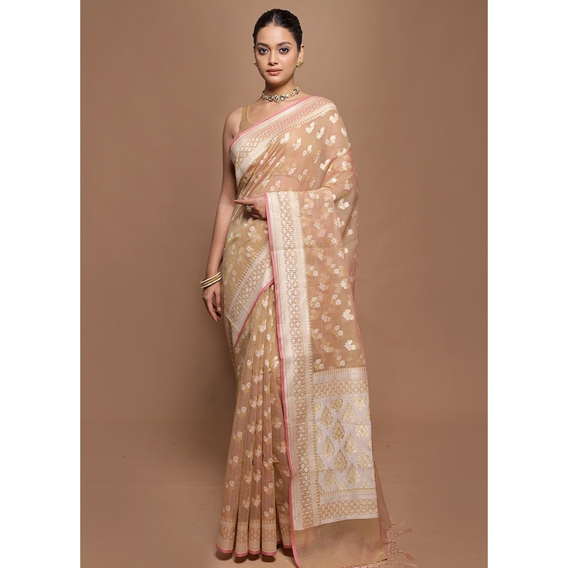 Cream Kora Silk Saree With Blouse Piece - JD986601987