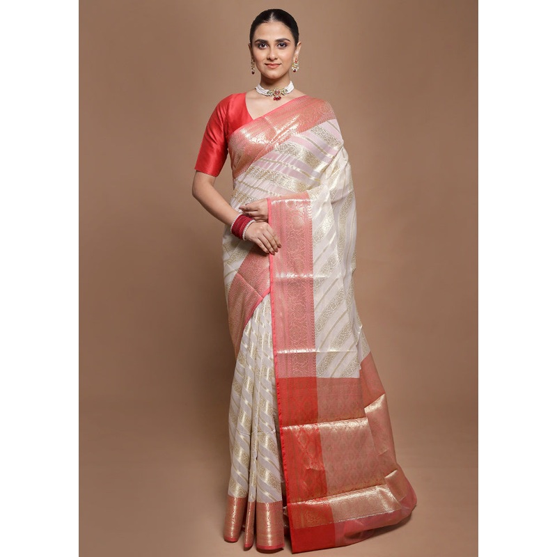 Cream Kora Silk Saree With Blouse Piece - JD986601988