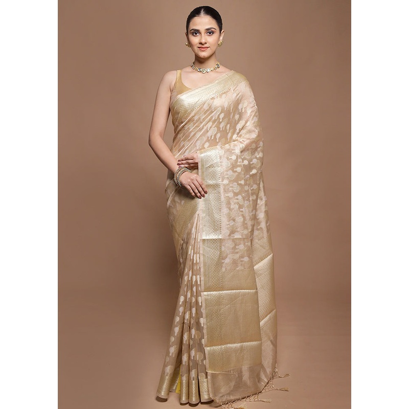 Cream Tissue Silk Saree With Blouse Piece - JD986601982