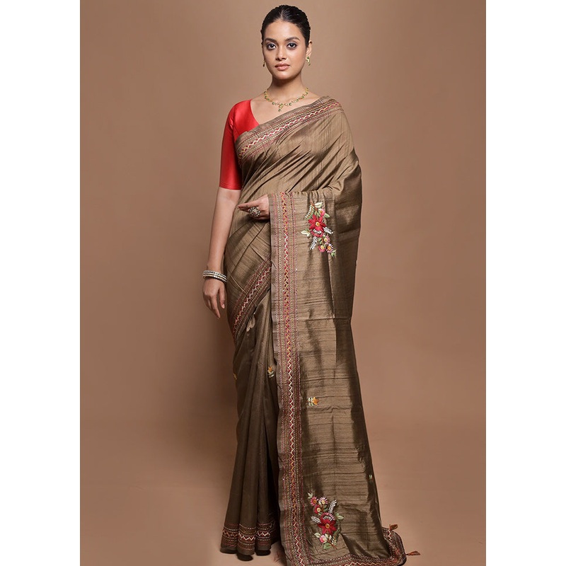 Cream Tussar Silk Saree With Blouse Piece - JD986601980