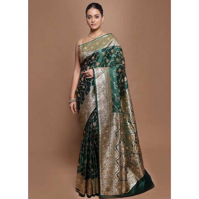 Green Banarasi Silk Saree With Blouse Piece - JD986601978