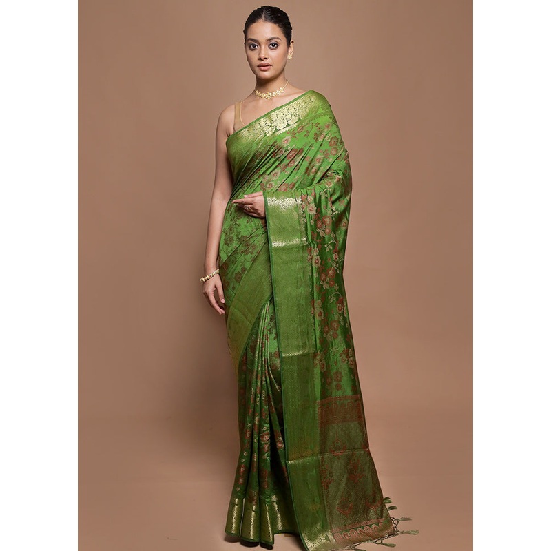 Green Dupion Silk Saree With Blouse Piece - JD986601974