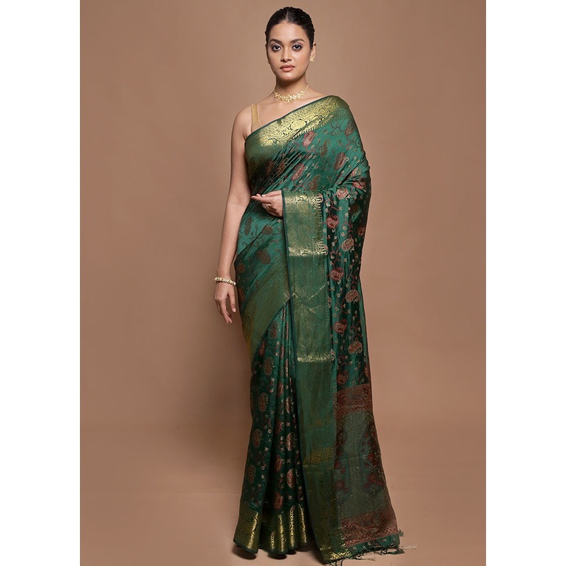 Green Dupion Silk Saree With Blouse Piece - JD986601975