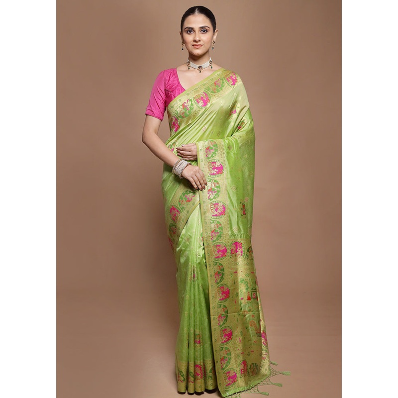 Green Dupion Silk Saree With Blouse Piece - JD986601977