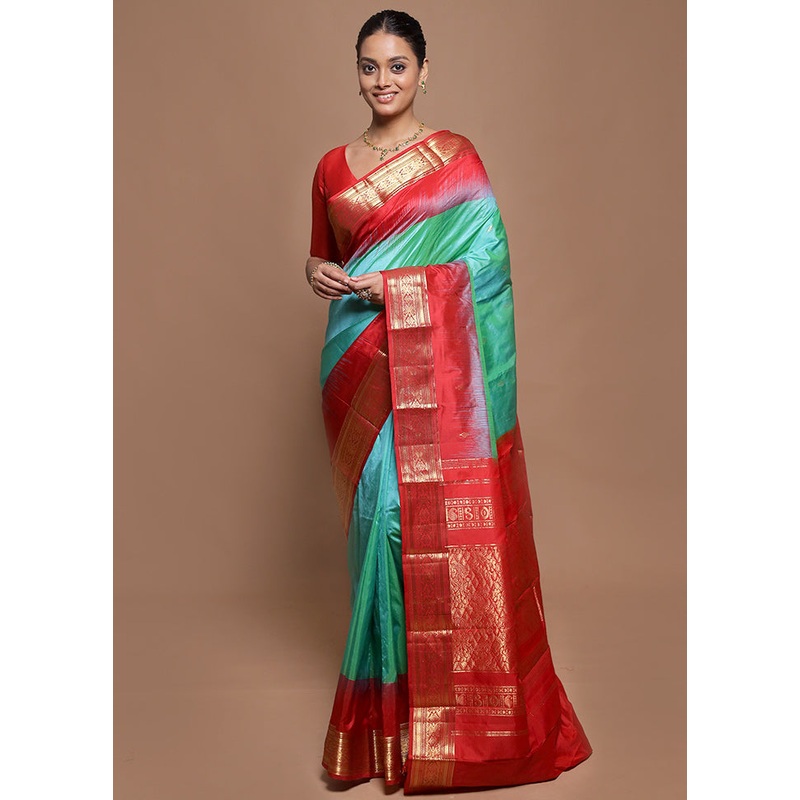 Green Handloom Kanjivaram Pure Silk Saree With Blouse Piece - JD986601972