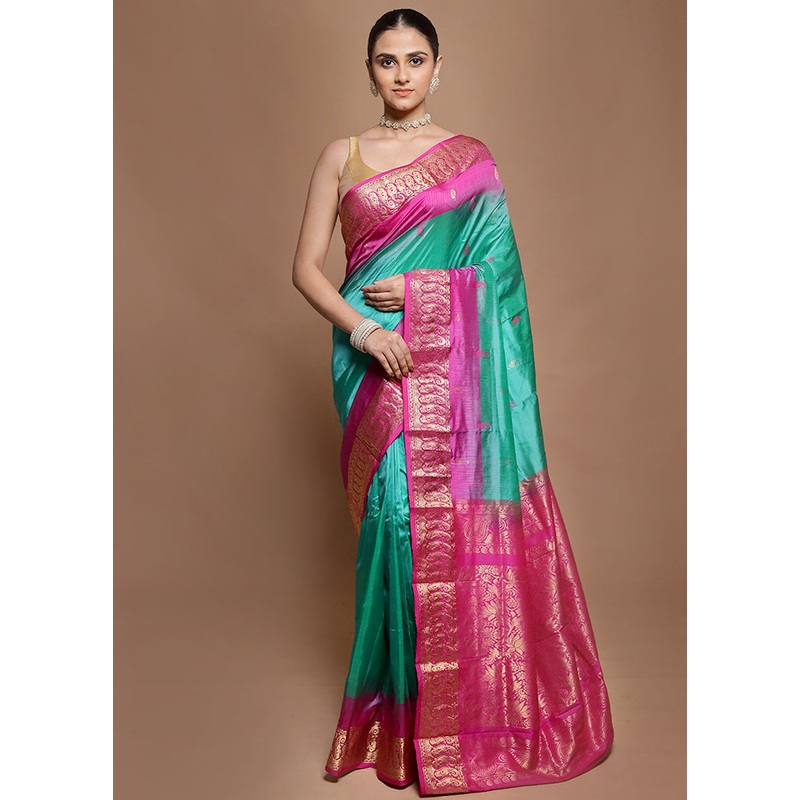 Green Handloom Kanjivaram Pure Silk Saree With Blouse Piece - JD986601973
