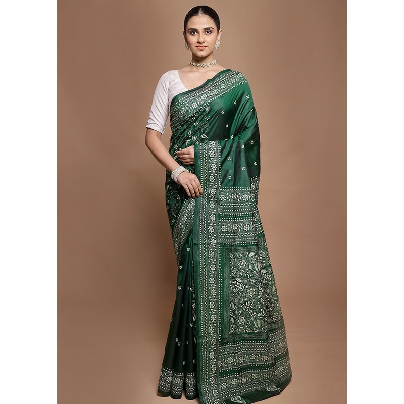 Green Handloom Kantha Stitch Pure Silk Saree With Blouse Piece - JD986601969