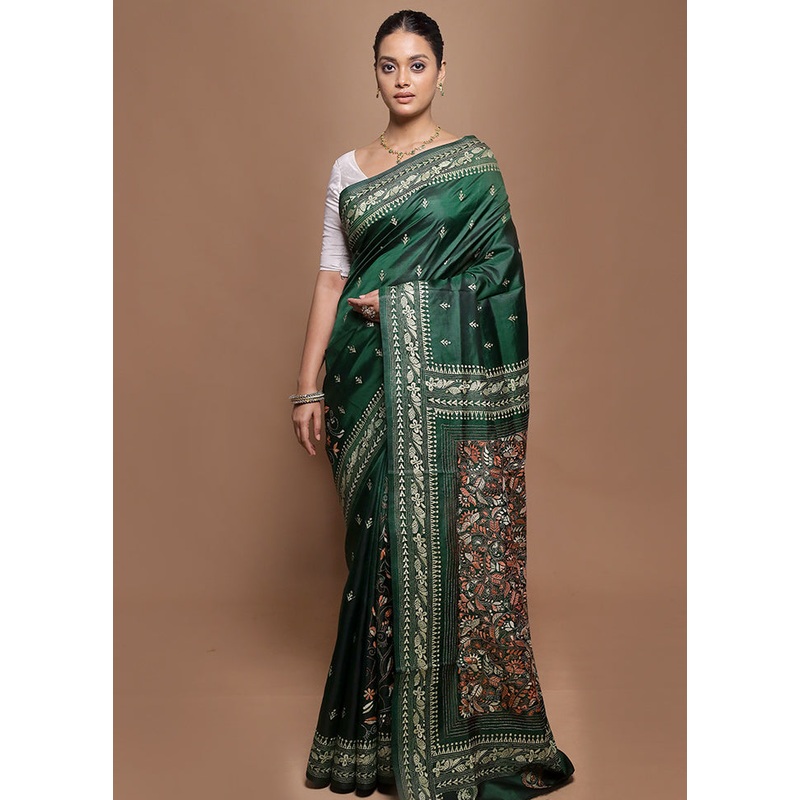 Green Handloom Kantha Stitch Pure Silk Saree With Blouse Piece - JD986601970