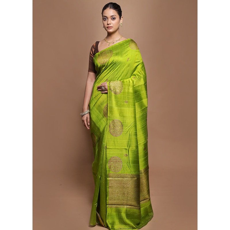 Green Handloom Tussar Pure Silk Saree With Blouse Piece - JD986601968