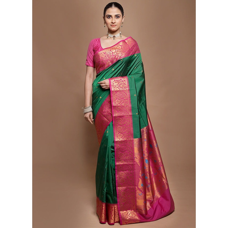 Green Kanjivaram Silk Saree With Blouse Piece - JD986601953