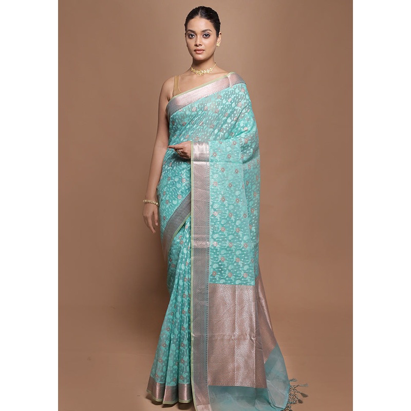Green Kora Silk Saree With Blouse Piece - JD986601941