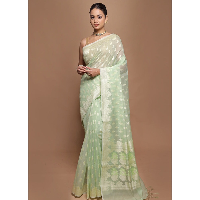 Green Kora Silk Saree With Blouse Piece - JD986601942
