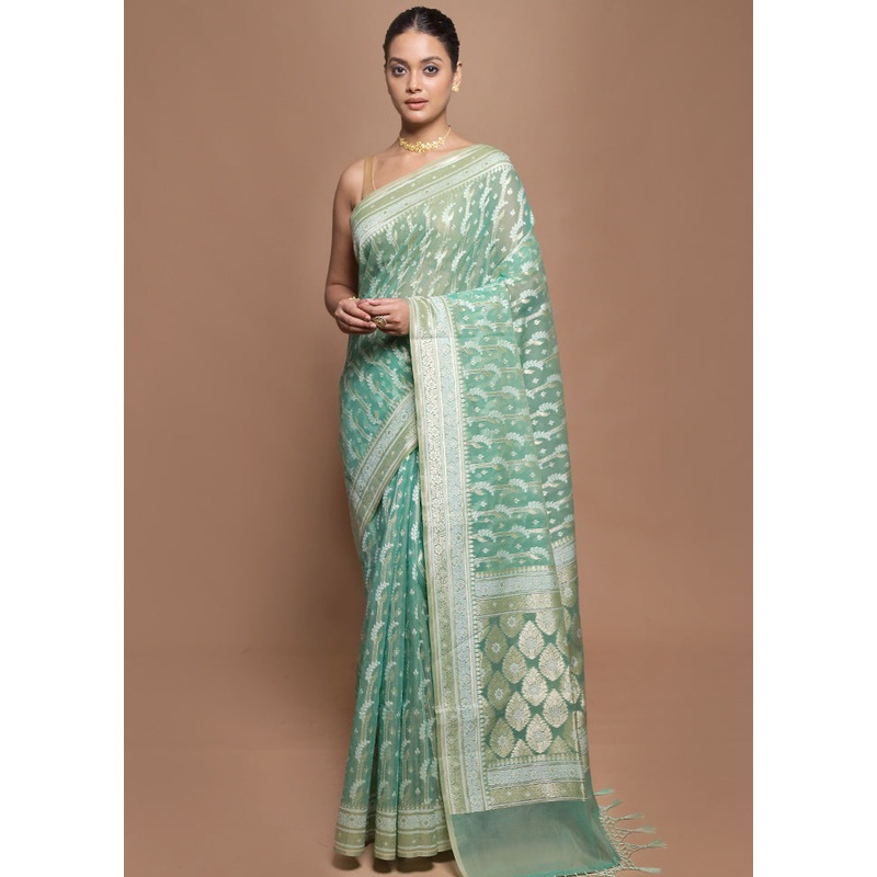 Green Kora Silk Saree With Blouse Piece - JD986601943