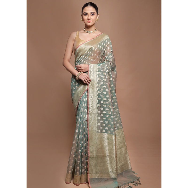 Green Kora Silk Saree With Blouse Piece - JD986601945