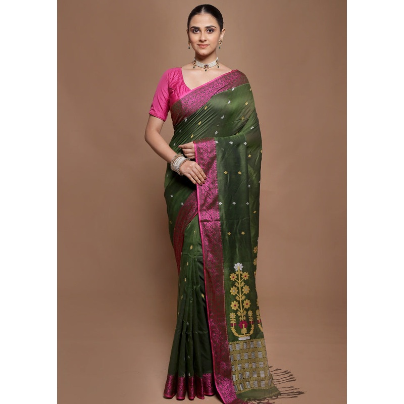 Green Pure Cotton Saree With Blouse Piece - JD986601936