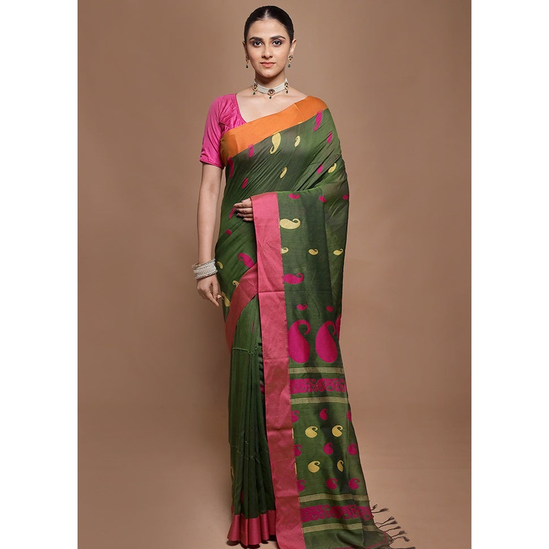 Green Pure Cotton Saree With Blouse Piece - JD986601937