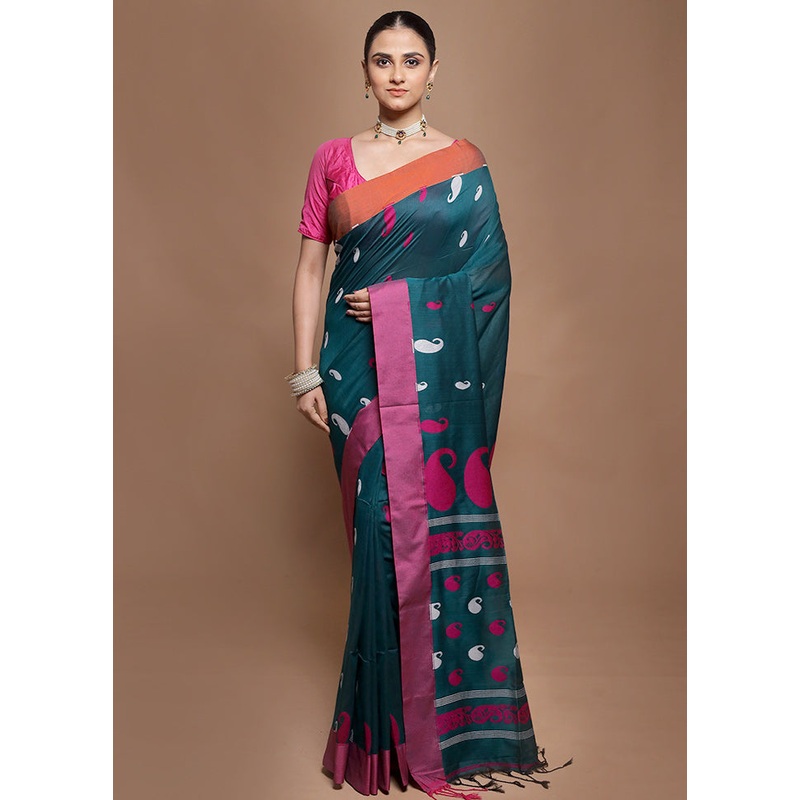 Green Pure Cotton Saree With Blouse Piece - JD986601938