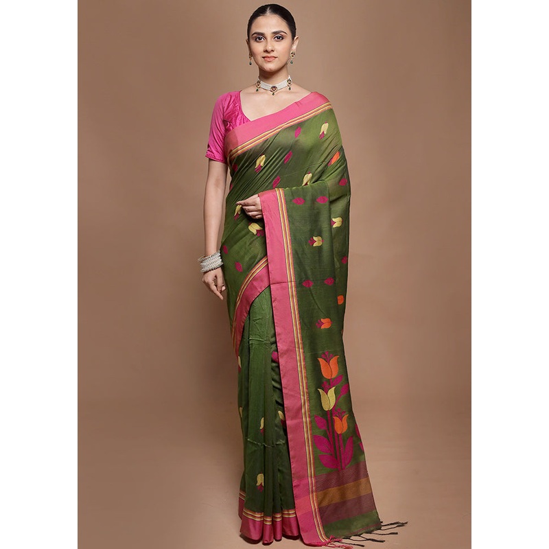 Green Pure Cotton Saree With Blouse Piece - JD986601939