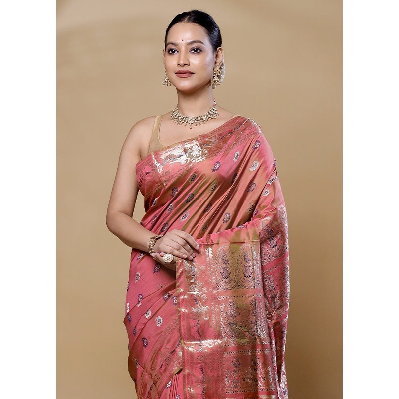 Pink Handloom Baluchari Pure Silk Saree With Blouse Piece - JD986602029