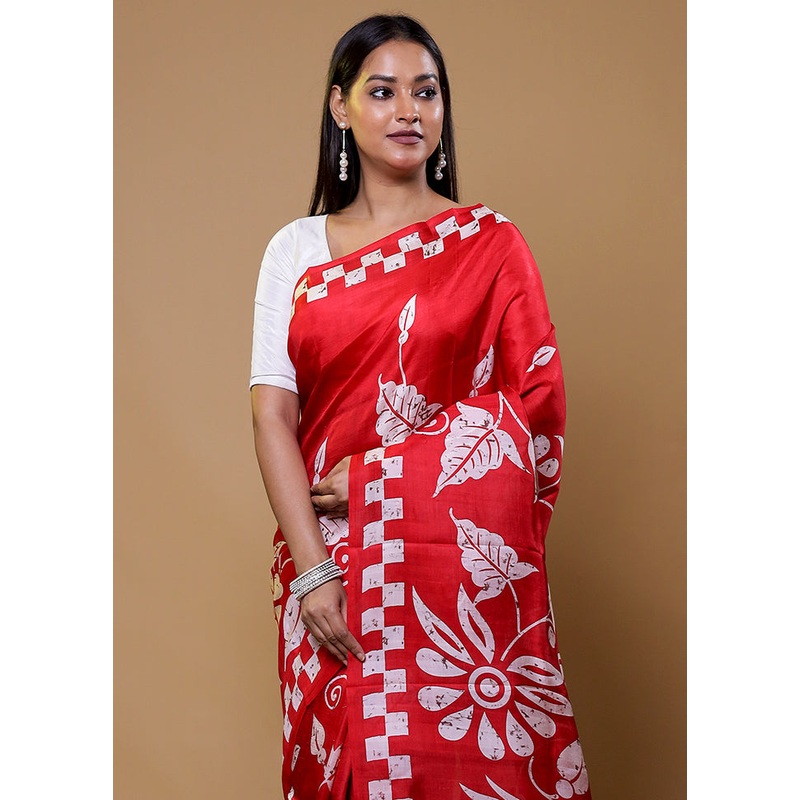 Red Printed Pure Silk Saree Without Blouse Piece - JD986602060