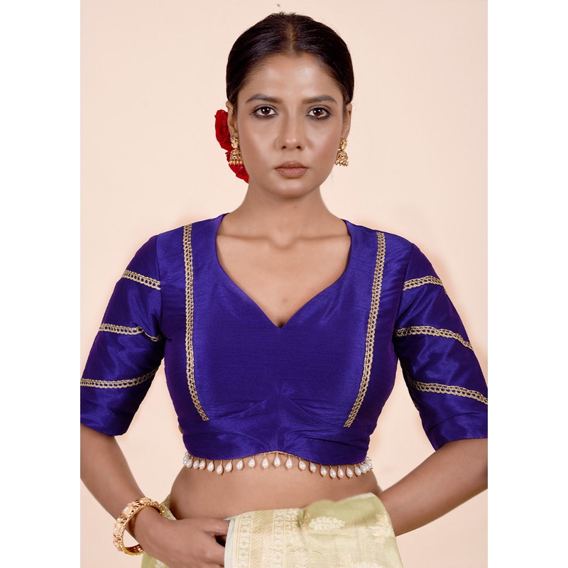 Royal Blue Dupion Silk Designer Blouse - JD986601840