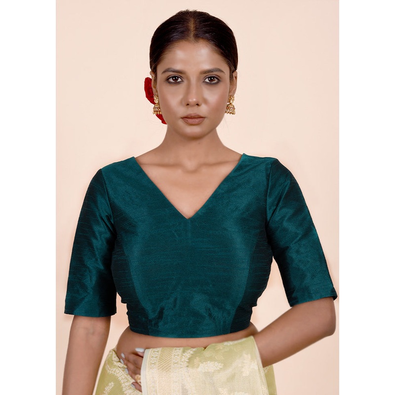 Teal Green Dupion Silk Designer Blouse - JD986601837