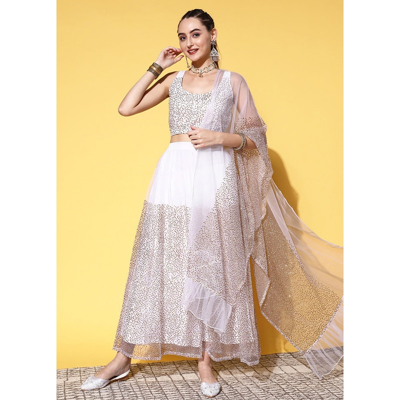 White Net Readymade Lehenga With Dupatta - JD986601868