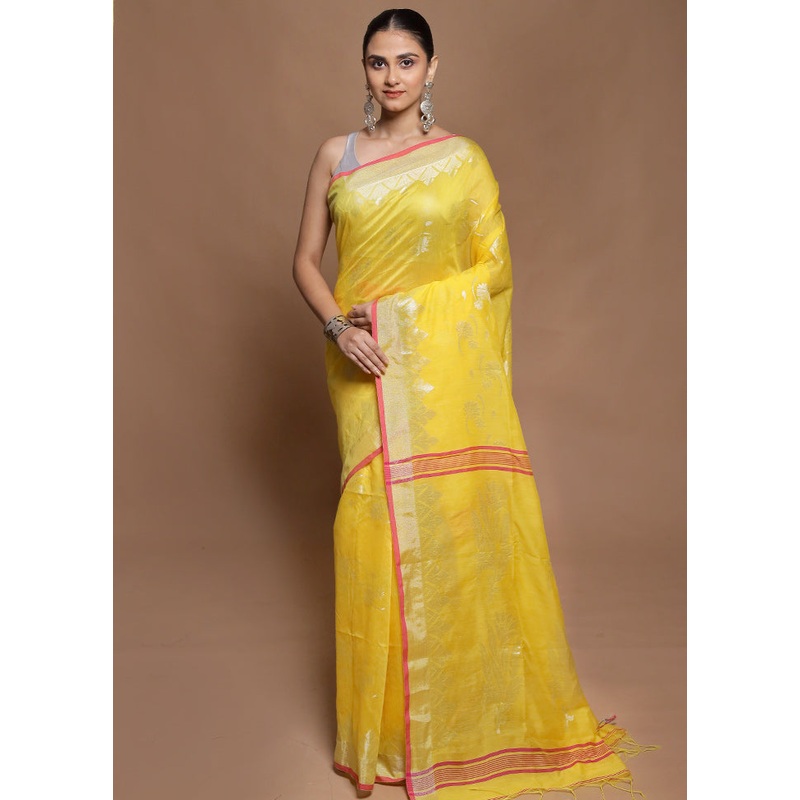 Yellow Cotton Saree With Blouse Piece - JD986602066