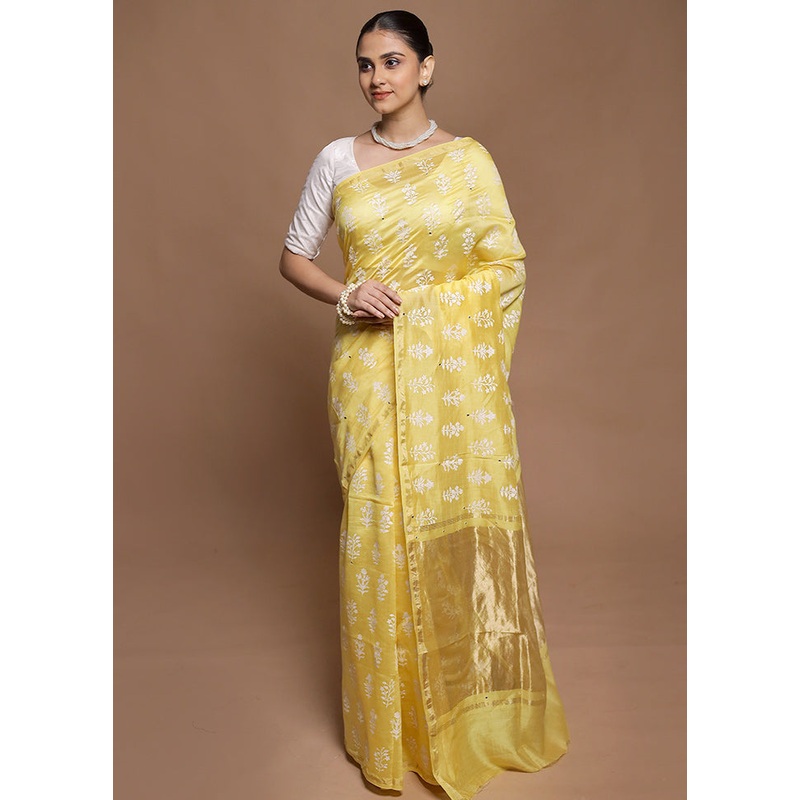 Yellow Handloom Tussar Pure Silk Saree With Blouse Piece - JD986602064