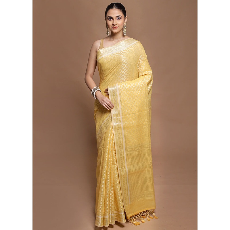 Yellow Kora Silk Saree With Blouse Piece - JD986602063