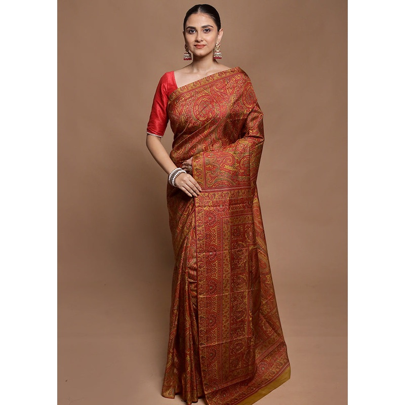 Yellow Printed Pure Silk Saree Without Blouse Piece - JD986602062