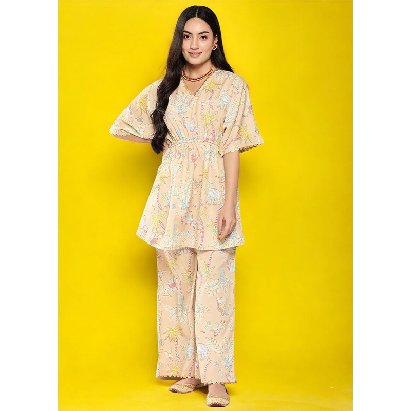 2 Pc Beige Readymade Silk Tunic Set - JD986601636