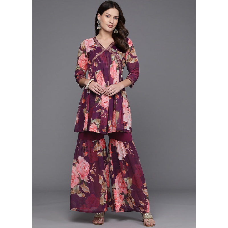 2 Pc Black Readymade Georgette Tunic Set - JD986601634