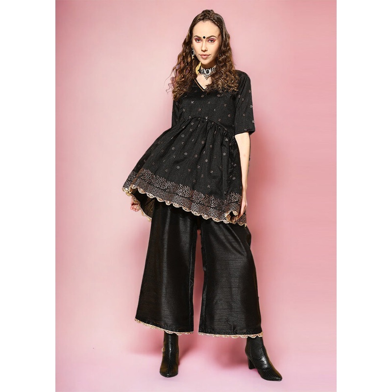 2 Pc Black Readymade Silk Kurti Set - JD986601803