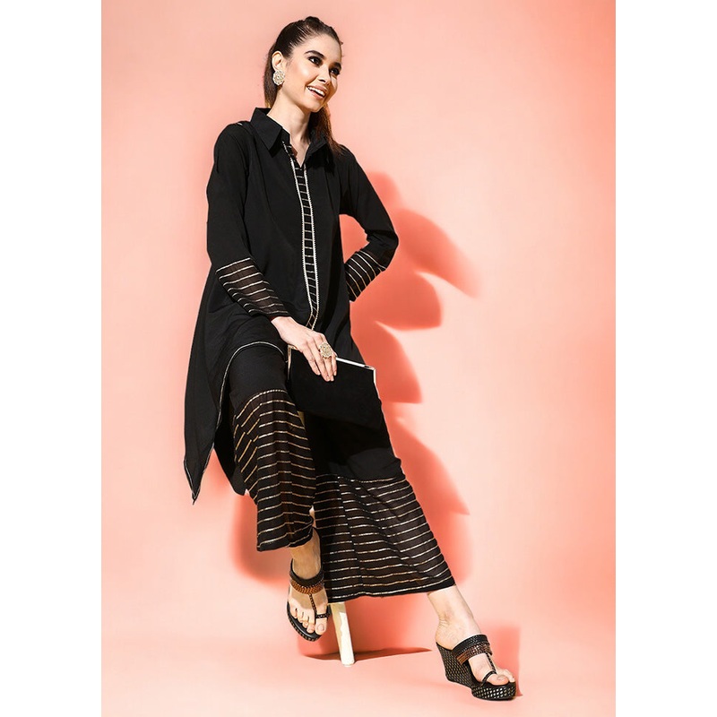2 Pc Black Readymade Silk Shirt Set - JD986601631