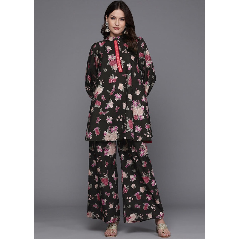 2 Pc Black Readymade Silk Tunic Set - JD986601630