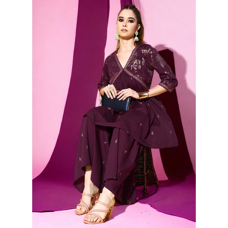 2 Pc Burgundy Readymade Silk Kurti Set - JD986601802