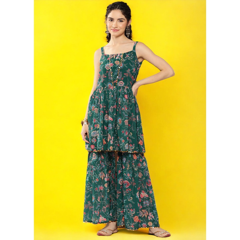 2 Pc Green Readymade Georgette Kurti Set - JD986601801