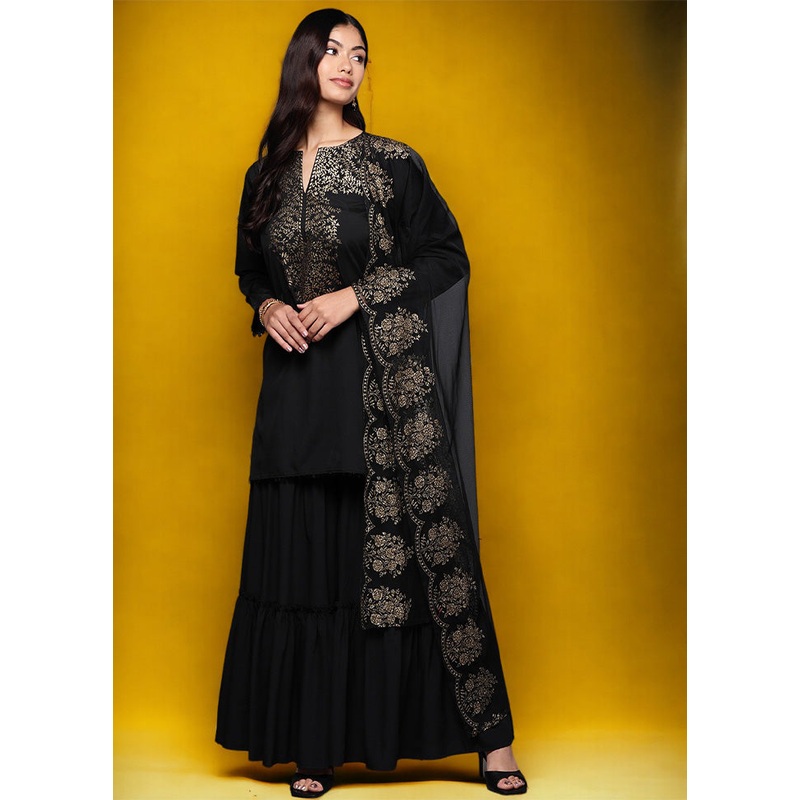 3 Pc Black Readymade Silk Dupatta Suit Set - JD986601792