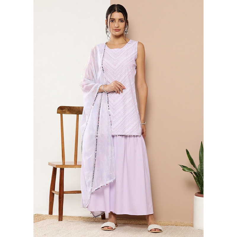 3 Pc Lavender Readymade Silk Dupatta Suit Set - JD986601791
