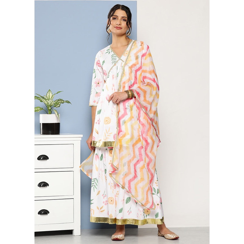 3 Pc White Readymade Silk Dupatta Suit Set - JD986601789
