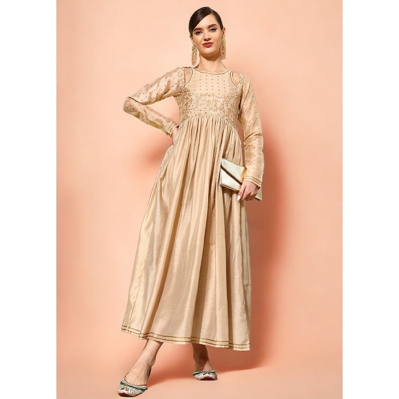 Beige Readymade Chanderi Indian Dress - JD986601727